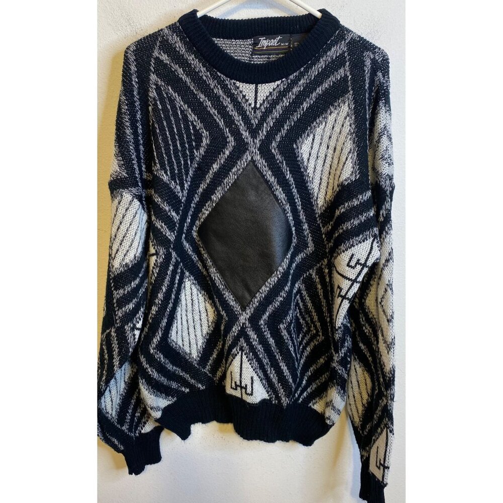 Vintage IMPACT Leather Acrylic Diamond Black White Long Sleeve Sweater MEDIUM